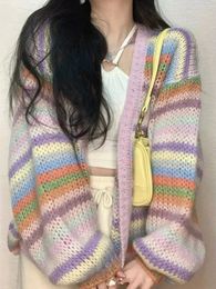 Deeptown Y2K Harajuku arc-en-ciel rayé Cardigan femmes Vintage surdimensionné pull tricoté doux décontracté à manches longues hauts 00s coréen 240227
