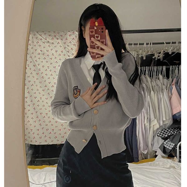 Deeptown Y2k Style Japonais Gris Coquette Pull Cardigan Femmes Vintage Preppy JK Uniforme Tunique Recadrée Top En Tricot Pull Femme