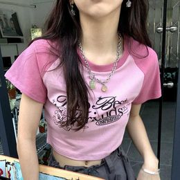 Deeptown Y2K Retro Roze T-shirts Koreaanse Streetwear Patchwork Skinny Basic T-shirts Fee Grunge Grafische Print Tees Top Harajuku