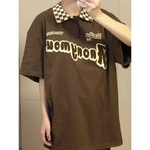 Deeptown Y2k Vintage marron surdimensionné T-shirts femmes Harajuku lettre brodée à manches courtes haut Style coréen Streetwear Polo Tee