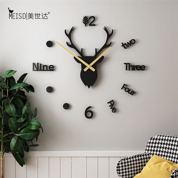 Ciervo silencioso acrílico grandes números decorativos DIY Reloj de pared diseño moderno sala de estar hogar Navidad decoración reloj pegatinas 210325