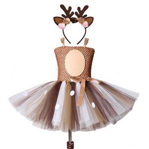 Deer Tutu Dress Girl Kerstjurken met hoofdbandkinderen Halloween -kostuum Baby Girl Princess Elk Rendier Outfit voor jaar 240407