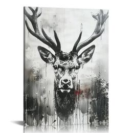 Décor de mur de cerf, jeune imprimé art en toile de mâle, images de chasse rustiques en noir et blanc, peintures à tête d'animaux pour salle de bain décoration de cabine rustique prête à suspendre