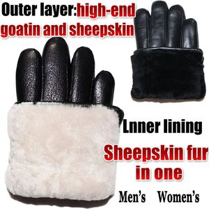 Gants en cuir à motif de peau de cerf pour hommes, en peau de mouton et fourrure dans un, gants en laine de chèvre et de mouton pour femmes, épais et chauds pour l'hiver 240127