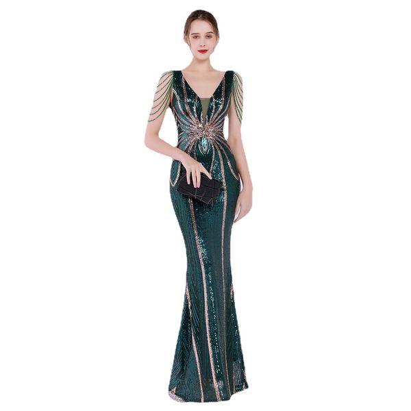 DEERVEADO vert paillettes longue robe de soirée de luxe perles robe formelle femmes élégante robe de soirée Chic femme robe Maxi