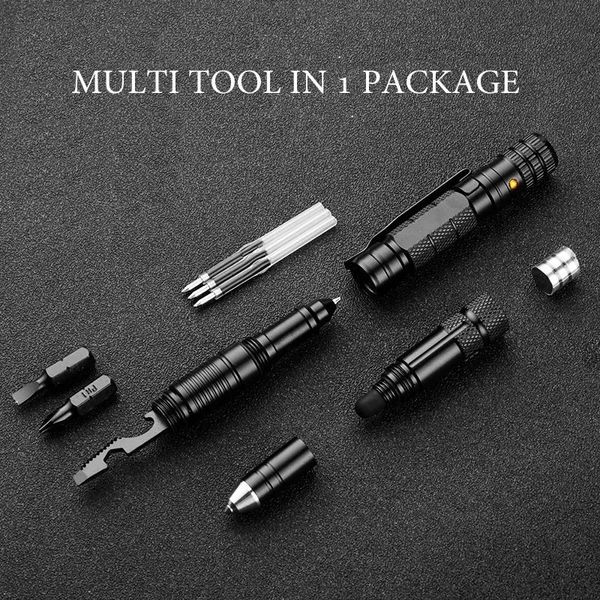 Défense Tactical Pen Outdoor Survival Selcue Rescue EDC Tool Multi fonction Bottle Ouvreur d'urgence Tournevis de lampe de poche 240509