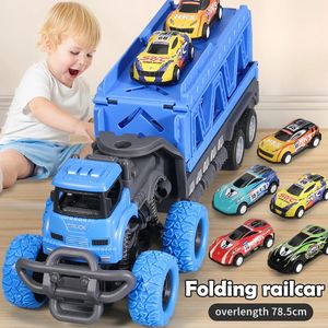 Deformable Rail Car Eyección plegable Big Truck Toys para niños Container Transporter Playset Regalo para niños 231220