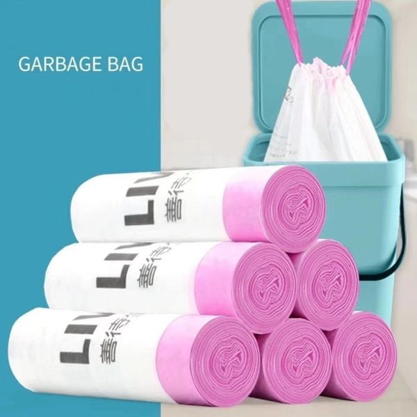 Bolsa de basura degradable, bolsa de plástico engrosada para el hogar, cordón ajustable, portátil, asequible