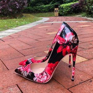 Deigner Bottom Print Shoe Femmes Glooy Floral Point Toe High Heel 8cm 10cm 12cm Ladie Party Dre Shoe Sexy Patent Leather Red Sole Stiletto Wedding