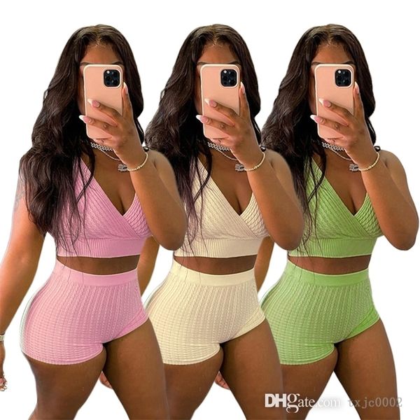 Deisgner-chándal ajustado para mujer, Top corto sin mangas de Jacquard con burbujas de hilo Sexy, pantalones cortos, trajes para verano, conjunto de 2 piezas, ropa deportiva