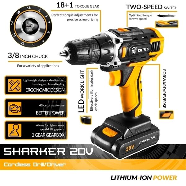 Sharker 20V Juego de actualización de taladro inalámbrico con 2 baterías de iones de litio Destornillador eléctrico Mini controlador de energía inalámbrico Y200323