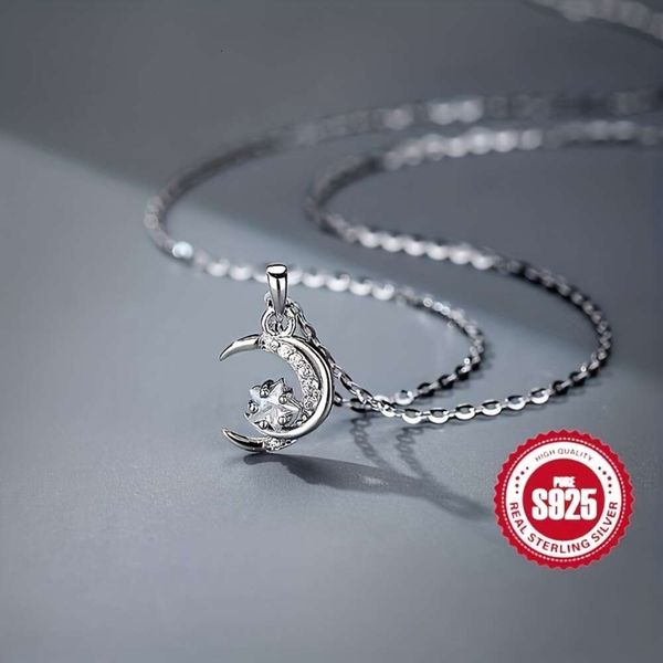 Delicado colgante de circonita en forma de estrella y Luna, collar de plata esterlina para aniversario, 1 unidad