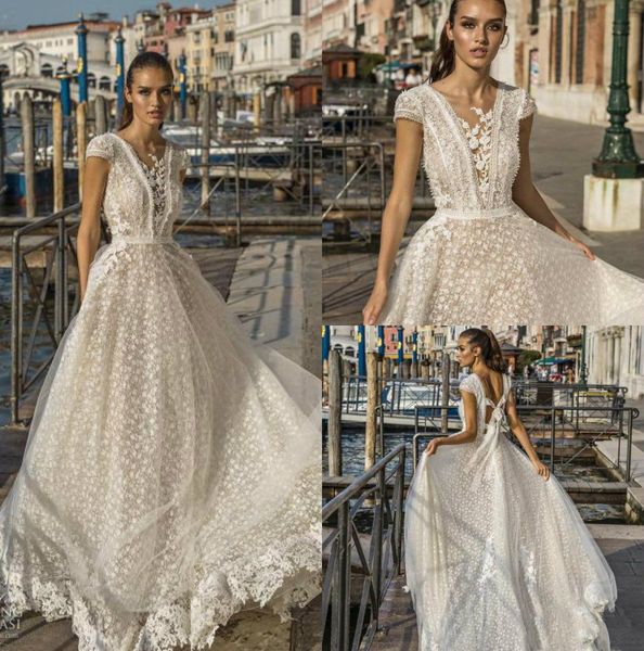 Abiti da sposa delicati Maniche corte Abiti da sposa con applicazioni di pizzo Corsetto Indietro Abito da sposa Boho Beach vestido de novia