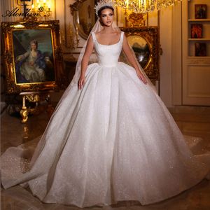 Delicate bling kanten ball jurk schep trouwjurk spaghetti riemen mouwloze luxe prinses bruidsjurken 2024 met kralenparels en rugloos