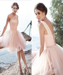 Delicate blush roze korte bruidsmeisjekleding een schouderkant tule kralen korset backless bruiloft feestjurk bruidsmeisje jurken5405821