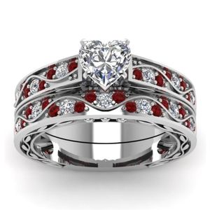 Bague de mariage en diamant en forme de coeur délicat en argent sterling 925, ensemble de bagues de mariée en rubis, bijoux d'engagement d'anniversaire de mariage Si310D