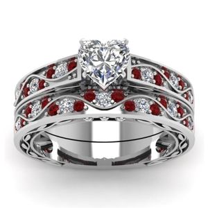 Bague de mariage en diamant en forme de coeur délicat en argent sterling 925, ensemble de bagues de mariée rubis, bague de mariage, bijoux d'engagement d'anniversaire Si247r