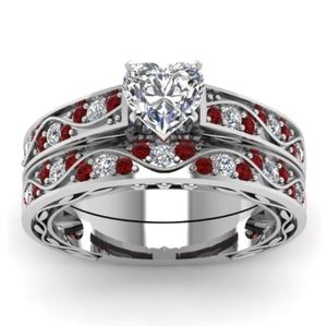 Bague de mariage en diamant en diamant coeur délicate 925 STERLING RUBY RUBY BANDE SET RAGNE DE MEAL ANNIVERSAIRE ANNIVERSAIRE ENGAGEMENT MIELRIE SI3985547