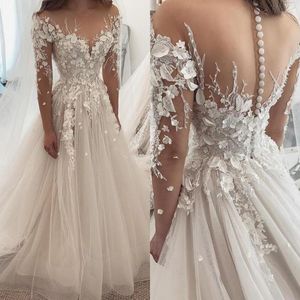 Délicat Illusion Tulle Une Ligne Robes De Mariée Jewel Cou À Manches Longues Couvert Bouton Longues Robes De Mariée Robes De Novia Avec Des Fleurs