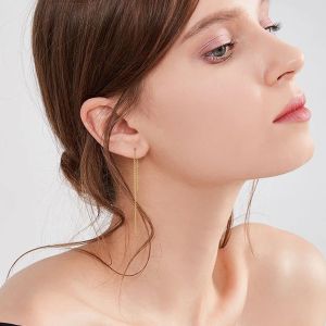 Delicate Japan Koreaanse lange kwast lineaire ketting oorbellen voor vrouwen, 14k geel gouden oorlijn Threader Dangle Earring