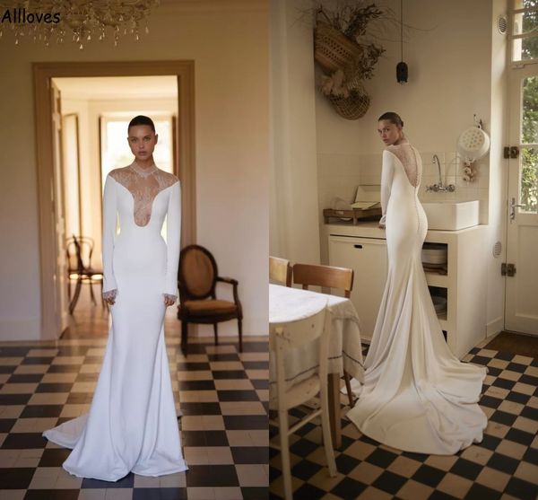 Vestidos de novia de sirena de cuello alto de encaje delicado con mangas largas Vestidos de novia de jardín modestos blancos simples Botones traseros elegantes Tren de barrido Túnicas largas de Mariee CL2778