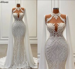 Delicate kant zeemeermin trouwjurken vintage hoge nek kanten appliqued Dubai Arabisch Midden -Oosten bruidsjurken met lange wraps parels kralen vestidos de novia cl2321