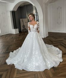 Delicado vestido de novia de una línea con cuello en V y mangas largas, elegantes apliques, vestidos de novia de encaje bordados con tul brillante y encaje voluminoso