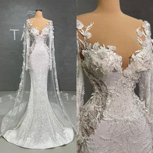 Robe de mariée sirène délicate, col rond, avec enveloppe, manches longues, paillettes, appliques en organza, longueur au sol, dos nu, robe de mariée