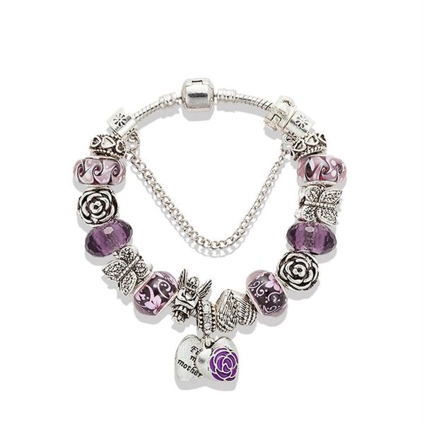 Délicat violet cristal pendentif bracelet adapté pour Pandora argent plaqué boîte originale ensemble bricolage ange papillon charme perlé Brac265l