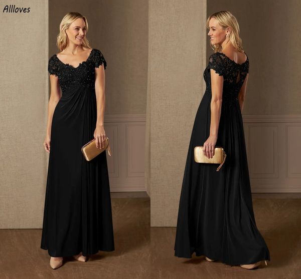 Delicadas lentejuelas de encaje Vestidos para madre de la novia Cintura imperio Mangas cortas Mujeres Vestidos de noche formales negros Cuello en V Recepción de boda Vestido para madre del novio CL3333