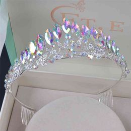 Gevoelige vintage ab-kleur bruiloft kroon lichtmetalen bruids tiara barok eenvoudige prinses half ronde kam 210707