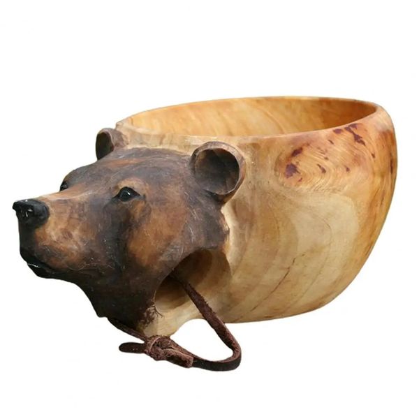 Tasse à eau délicate tasse en bois sculptée à la main renard fabriqué de Style nordique tasse de Camp en bois animaux tête Image tasse tasse à lait pour la maison 231228