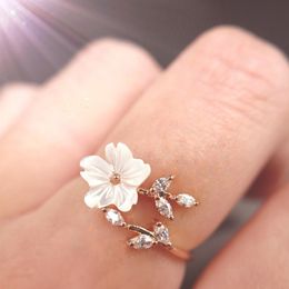 Delicate Zircon Crystal Leaf Shell Bloem Verstelbare Ring Voor Vrouwen Dames Meisjes Rose Goud Kleur Vinger Bague Sieraden Gift
