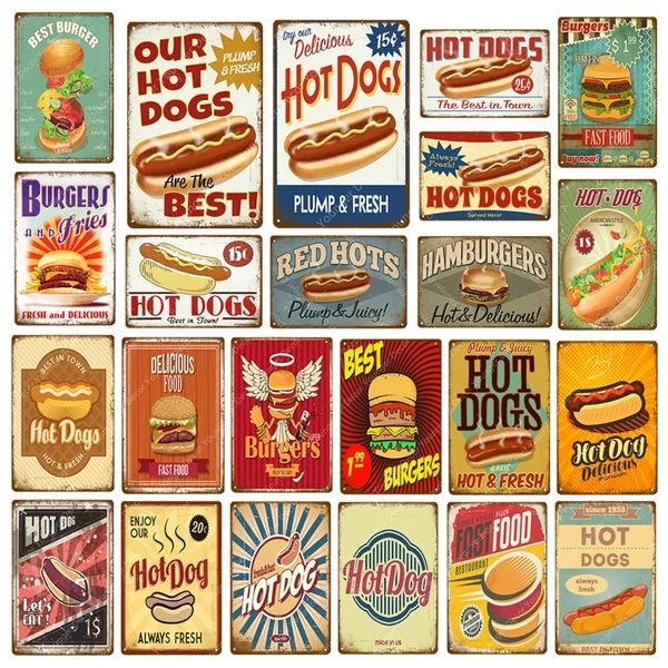 Délicieux hot-dogs en étain panneaux métal panneaux de restauration rapide burgers muraux plaque hôte