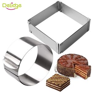 Delidge 2 unids/set de acero inoxidable ajustable Cake Mousse Ring 3D Round Square Cake Mold Cake Decorating Baking Tools T200523