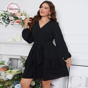 Della Mel 3XL 4XL Plus Size Elegante Jurken voor Vrouwen Zwarte V-hals Gordel Lantaarn Mouw Dames Grote Avond feestjurk 240312