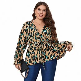 Della Mel 3XL 4XL Tallas grandes Mujer Blusa elegante Sexy con cuello en V Estampado de leopardo Camisa tipo túnica con cinturón Oficina Fi Top Blusa de gran tamaño r5fK #