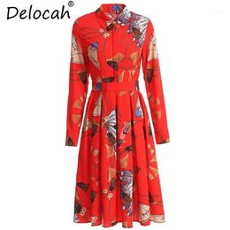 Delocah 2021 Vrouwen Lente Zomerjurk Runbay Mode Lange Mouw Gedrapeerde Dier Gedrukte Elegante Dames Vlak Vintage Jurken1