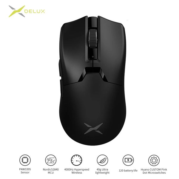 Delux M800 Ultraligero 49g PAW3395 Ratón inalámbrico Bluetooth TriMode para juegos 26000DPI 4K Ratones macro compatibles para PC Gamer 231228