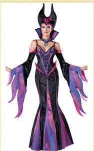 Robe de Cosplay violette de luxe, tenues de sorcière foncée, Costume d'halloween pour femmes adultes avec col montant et couvre-chef