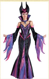 Cosplay de luxe Robe pourpre Vêtements de sorcière Dark Sorcière Costume d'Halloween pour femmes adultes avec collier debout et couvre-tête
