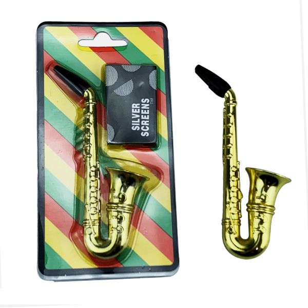 Deluxe Sax Saxofón Pipas de metal para fumar Hierba seca Tabaco Cera Pipa de mano Dispositivo de cigarro portátil dorado