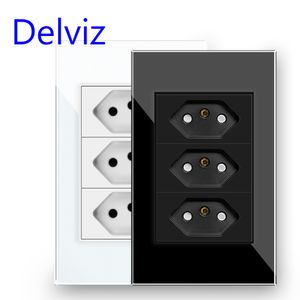 Delviz Brazil Standard Socket, panneau de verre trempé blanc, 3gangs 3 Pins Trou 10A Type de prise n bouchons, prise de courant embarquée murale