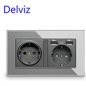 Pobite USB standard de Delviz EU, trou de charge USB de qualité 5V 2A, panneau de verre en cristal gris, 110 ~ 250V 16A POWER MALD OUTLET