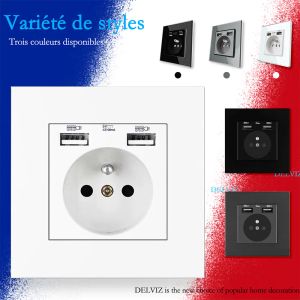 Delviz French Standard Socket, AC 100 ~ 250V, 2A Dual USB Charger Port for Mobile, France Outlet Pannel, 16A Wall Power USB Socket