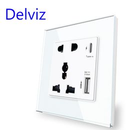 Delviz Type-C Interface Socket, Universal International, Crystal Glass Pannel, Wall Power USB Outlet, 18W 4000MA SMART RAPIDE CHARGE