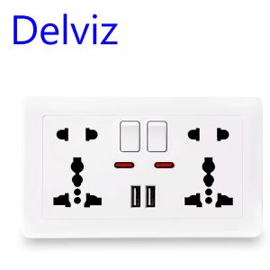 Delviz Wall Power Socket Universal 5 Hole, 2.1A Port de chargeur USB Dual USB, 146 mm * 86 mm, indicateur LED, sortie commutée USB standard britannique