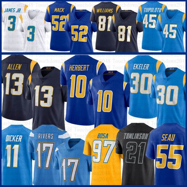 Justin Herbert Joey Bosa Maillot de football Keenan Allen Junior Seau Derwin James Jr Cameron Dicker Austin Ekeler Chargers LaDainian Tomlinson Khalil Mack Tuipulotu