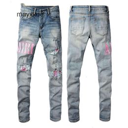 Demin amiirii High Purple Jeans 2024 Mens Fashion Street Jean Mens Broken Hole Patch Slim Fit Small Feet Pants #1316 EABN