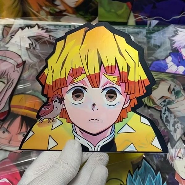 Demon Slaye Zenitsu 3D Lenticular Anime pegatina impermeable para coche portátil, monopatín, decoración de pared, regalos de juguete para niños